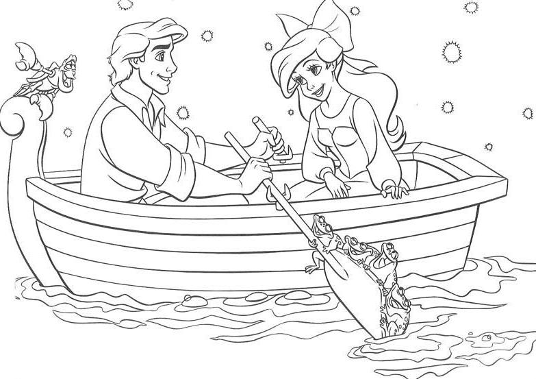 coloriage Arielle la petite sirene en barque avec son prince